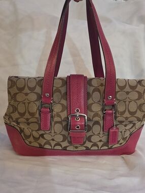 Coach Hampton Signature Carryall Satchel khaki jacquard canvas & Pink Leather